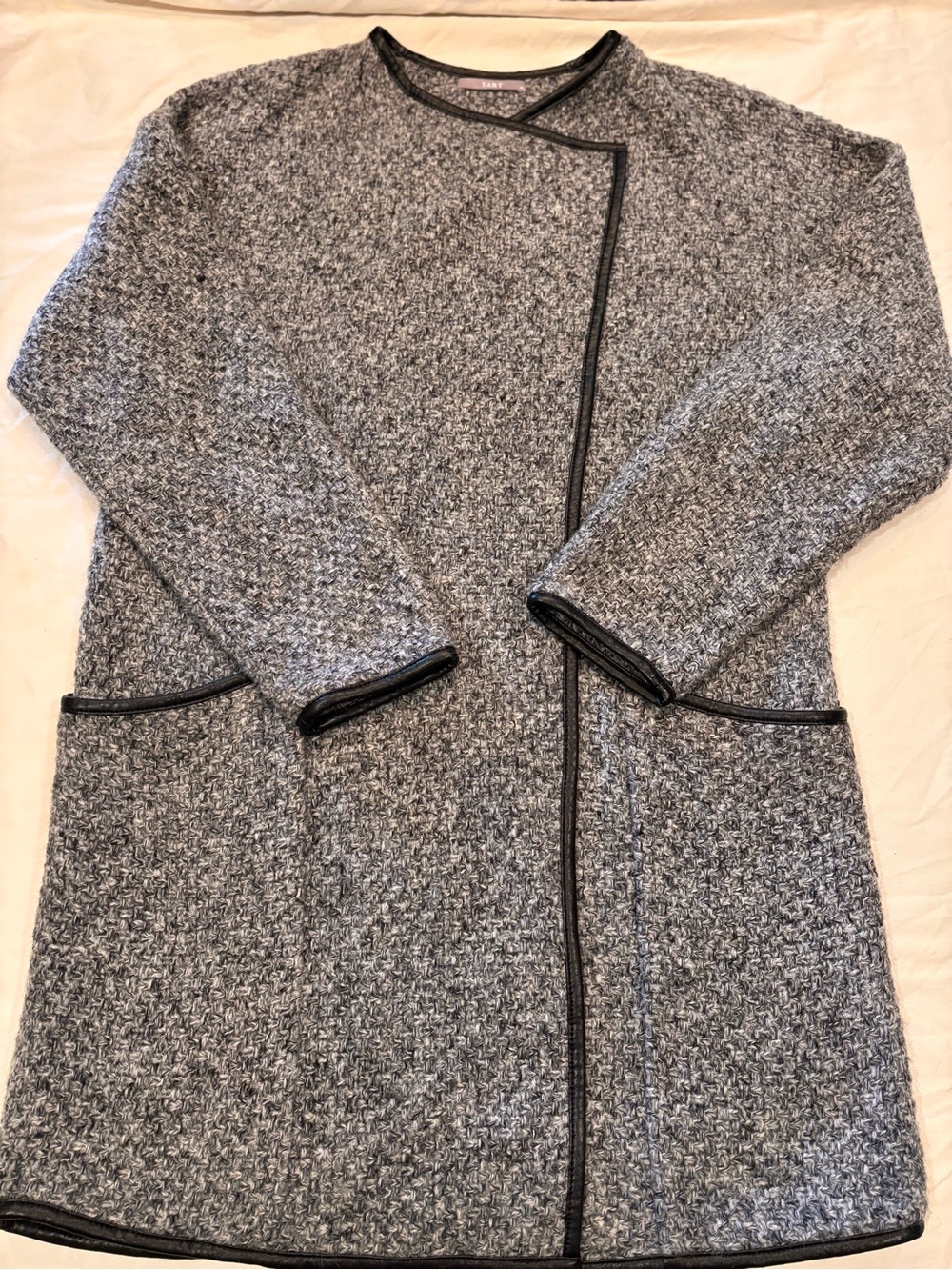 TART Gray Marled Knit Sweater Coat Faux Leather Trim Size M